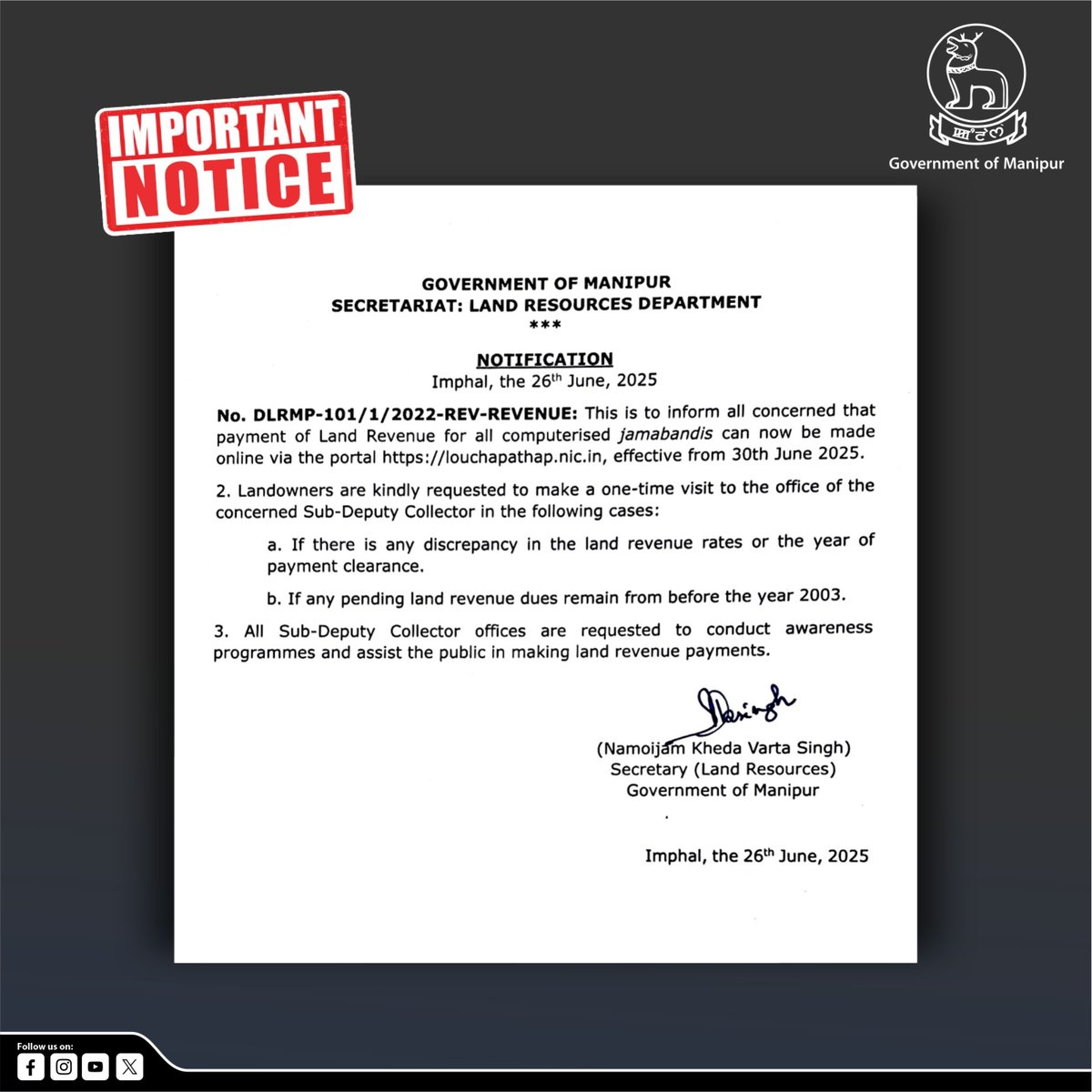 Starting 30th June 2025, landowners can now conveniently pay Land Revenue for all computerised jamabandis online through louchapathap.nic.in 

One-time visit to the concerned Sub-Deputy Collector's office is required only if:
• There is any discrepancy in land revenue rates