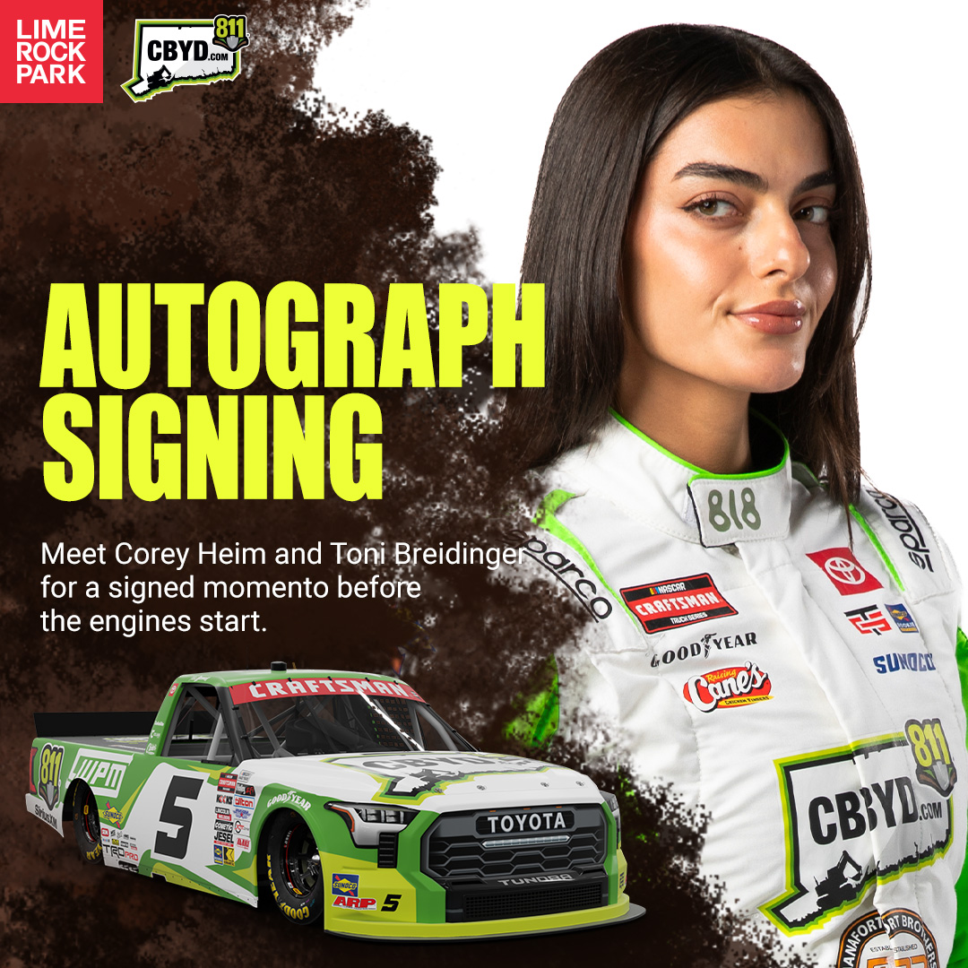 CBYD811's tweet image. Autograph alert at the CBYD booth!
🖊️ Corey Heim (#11) – Friday, 2:30–3:00PM
🖊️ Toni Breidinger (#5) – Saturday, 11:30AM–12:00PM
Stop by and meet the drivers before they hit the track at Lime Rock Park!
#CBYD #NASCAR #LimeRockPark