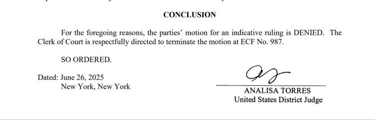 BREAKING: 🇺🇸 JUDGE TORRES HAS DENIED THE SEC VS. RIPPLE $XRP JOINT MOTION FOR AN INDICATIVE RULING! 😳

THIS CASE ISN’T OVER YET! 🤯