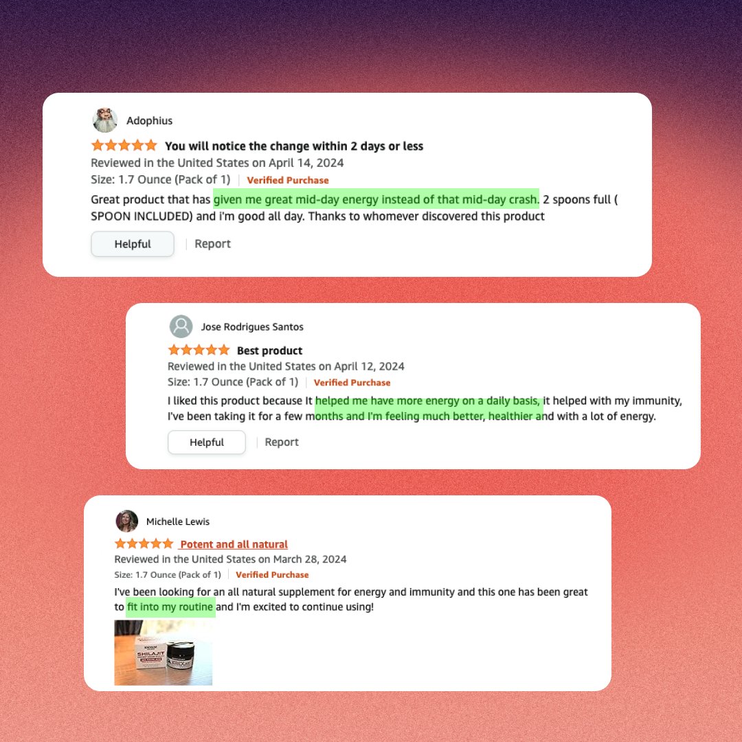 Struggling to find angles for your ads?

Here's a top tip - go through your customer reviews &amp; find common positive comments!

For example 👇 from these reviews we can get these benefits to focus on:
- Avoid the mid-day crash
- Easily fits into your routine
- More daily energy