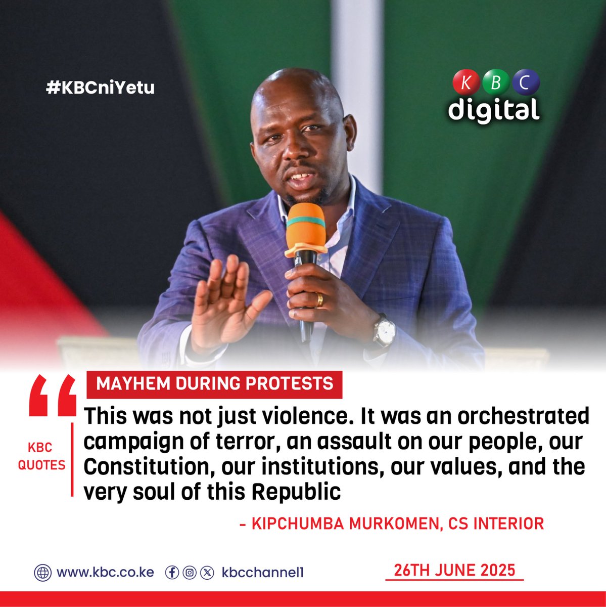“This was not just violence. It was an orchestrated campaign of terror, an assault on our people, our Constitution, our institutions, our values, and the very soul of this Republic,”
Kipchumba Murkomen, CS Interior
#KBCniYetu ^RO