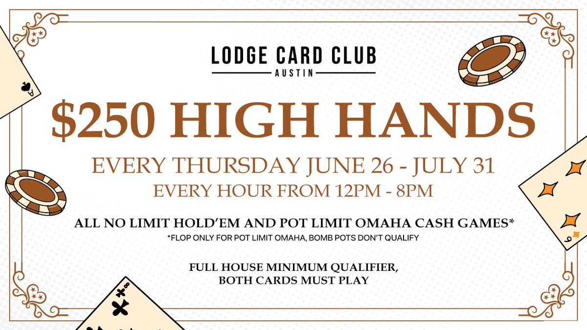 $250 High Hands take place today from 12PM-8PM!

Check out the rules here: