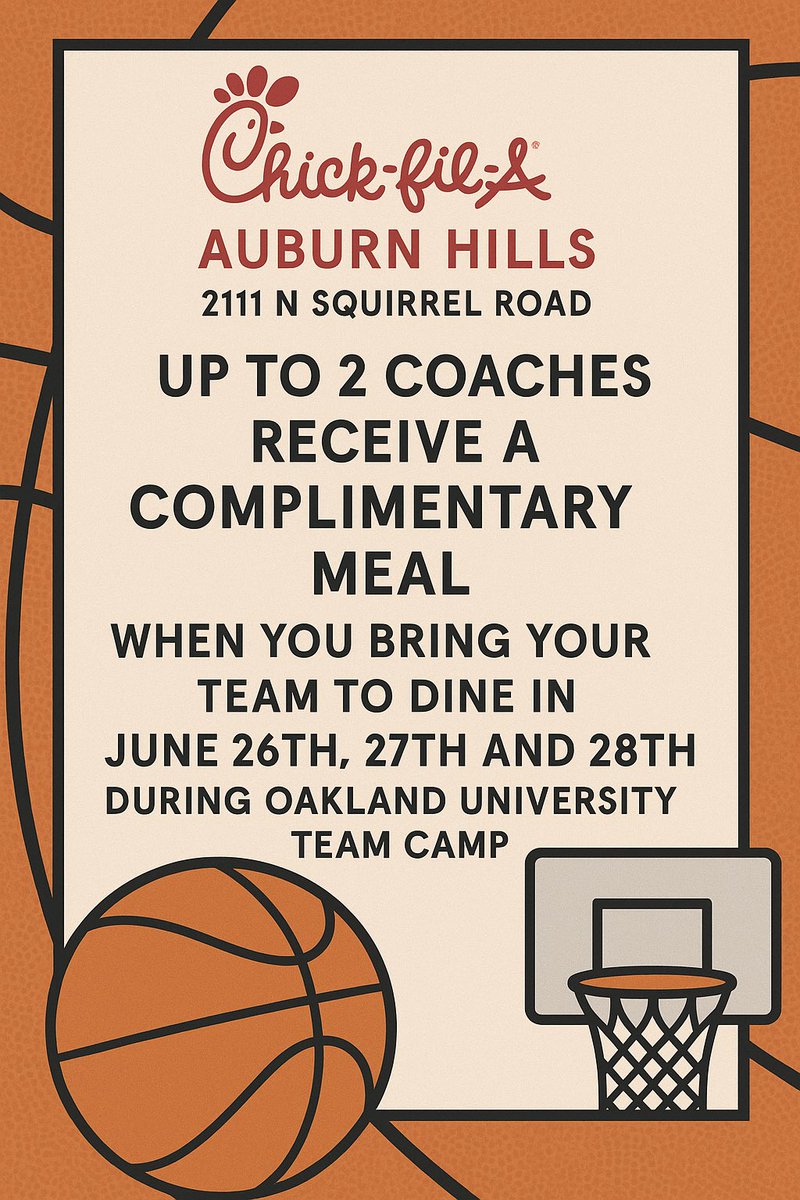 Hey Coaches, 

As a long-time basketball coach here in Michigan, I have a deep appreciation for the time, dedication, and leadership you pour into your players and programs.

We’d love to host you and your teams for a well-deserved meal during your time at camp. and your team.