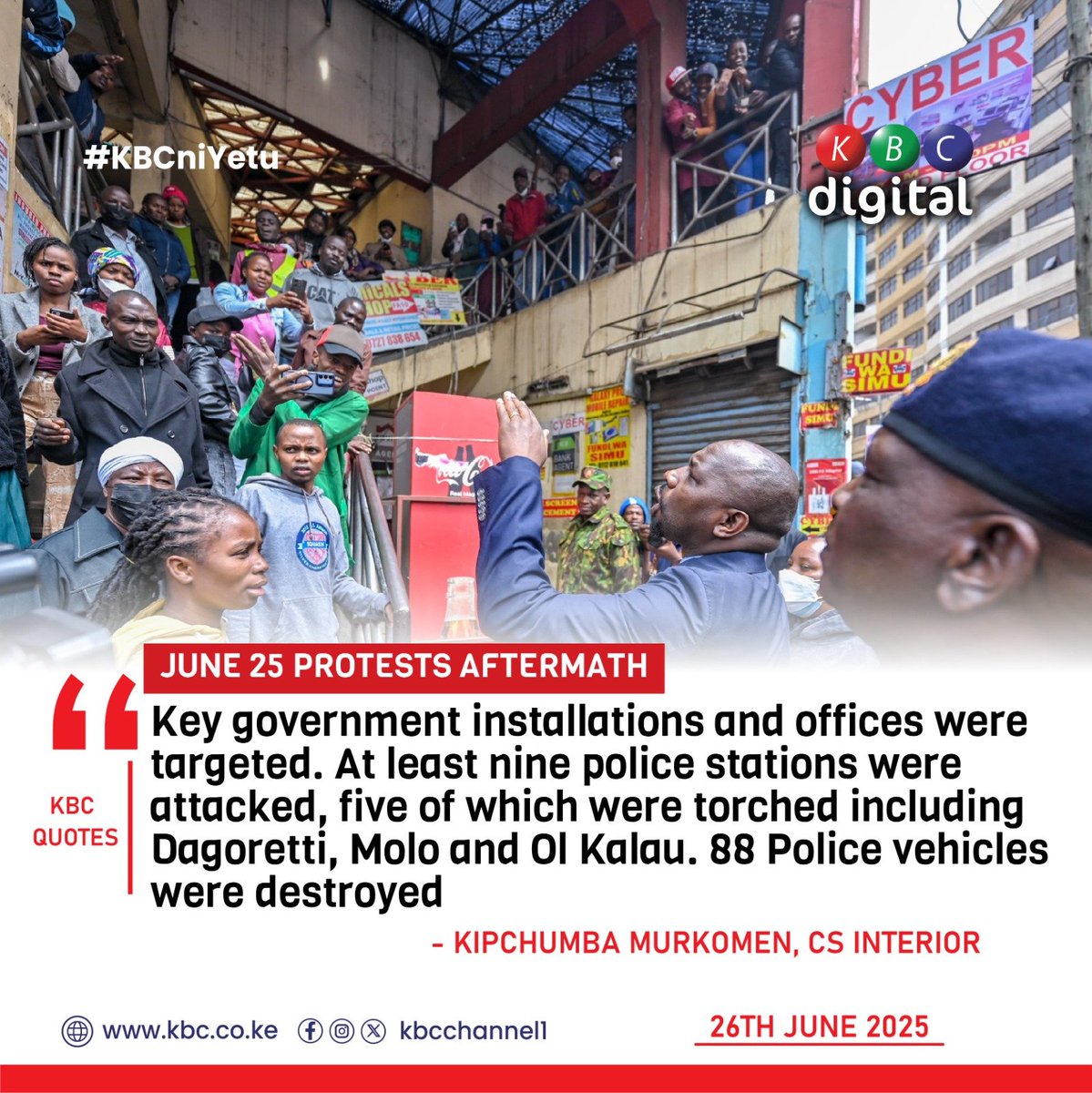 “Key government installations and offices were targeted. At least nine police stations were attacked, five of which were torched including Dagoretti, Molo and Ol Kalau. 88 Police vehicles were destroyed,”
Kipchumba Murkomen, CS Interior
#KBCniYetu ^RO