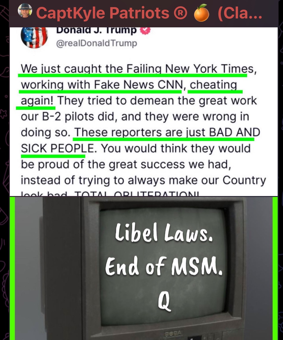 LIBEL LAW AND ORDER COMING SOON

💥Maybe 🤔 the comm here is that the FAKE NEWS will be obliterated soon. 
💥Libel Laws
End of MSM
Q

@CaptKylePatriots