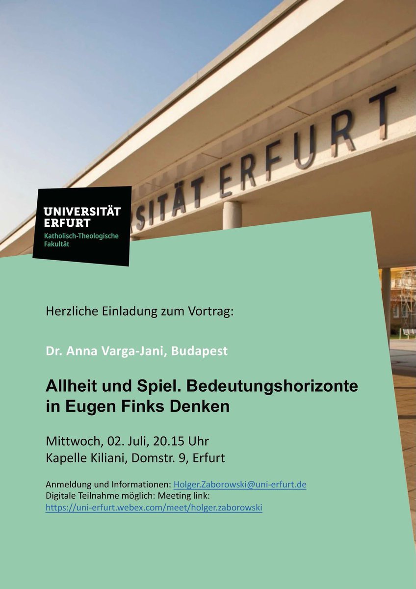 Bevorstehende Vorträge <a href="/unierfurt/">Universität Erfurt</a>

»Sehnsucht nach Realität. Ideologie im
'postideologischen' Zeitalter«, Ekaterina Poljakova, Greifswald
🗓️Di., 01. Juli, 20:15

»Allheit und Spiel. Bedeutungshorizonte in Eugen Finks Denken«
Anna Varga-Jani, Budapest
🗓️Mi., 02. Juli, 20:15