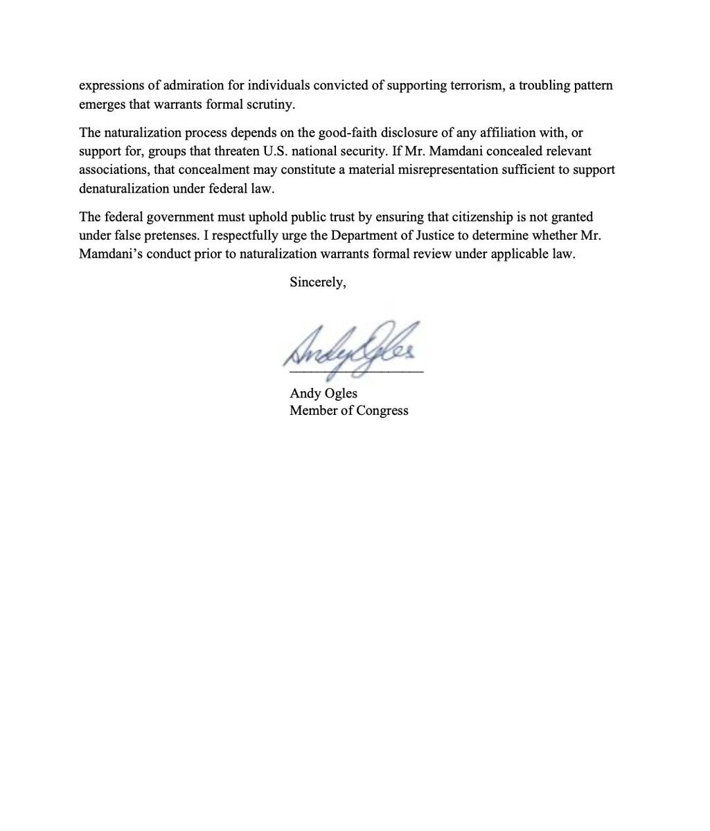 🚨BREAKING: Rep. Andy Ogles calls on AG Pam Bondi to launch denaturalization proceedings against Communist Zohran Mamdani and deport him: 

“Mamdani will destroy the great city of New York. He needs to be deported.”