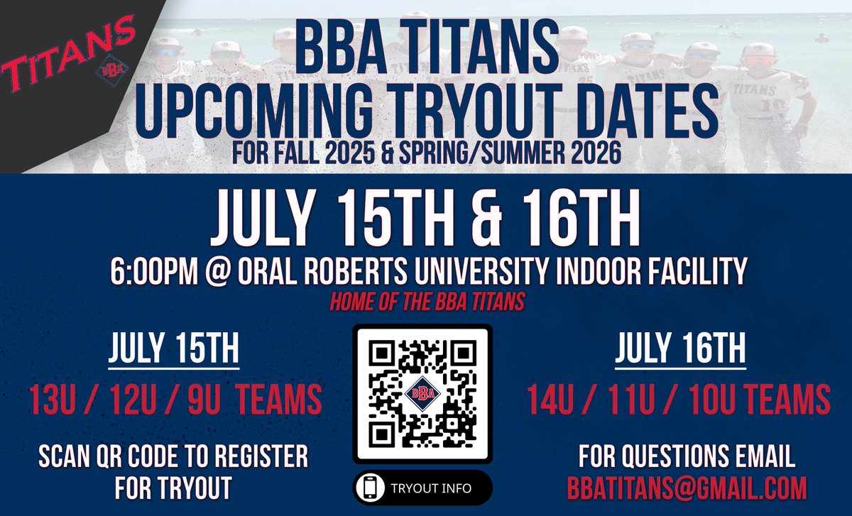 bbatitans's tweet image. BBA Titan Youth Team Tryouts For 25-26 ANNOUNCED!!

Register for an upcoming tryout by scanning the QR code below or via the link: forms.gle/SRUKuC9bX8Z4qk…

For any direct questions, please email us at BBATitans@gmail.com.