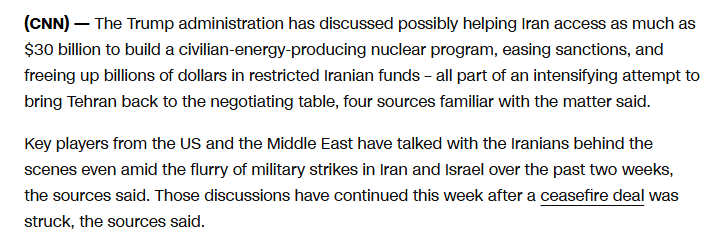 FiveEyesintel's tweet photo. 🚨 Trump reportedly proposes to offer Iran $30 BILLION for a revamped civilian nuclear program—plus sanctions relief and the unfreezing of assets—to entice Tehran back to the negotiating table, per CNN.

Basically: a more generous version of Obama’s Iran Deal, this time with additional cash inflows. 💵🌍
#IranDeal #Trump #NuclearDiplomacy