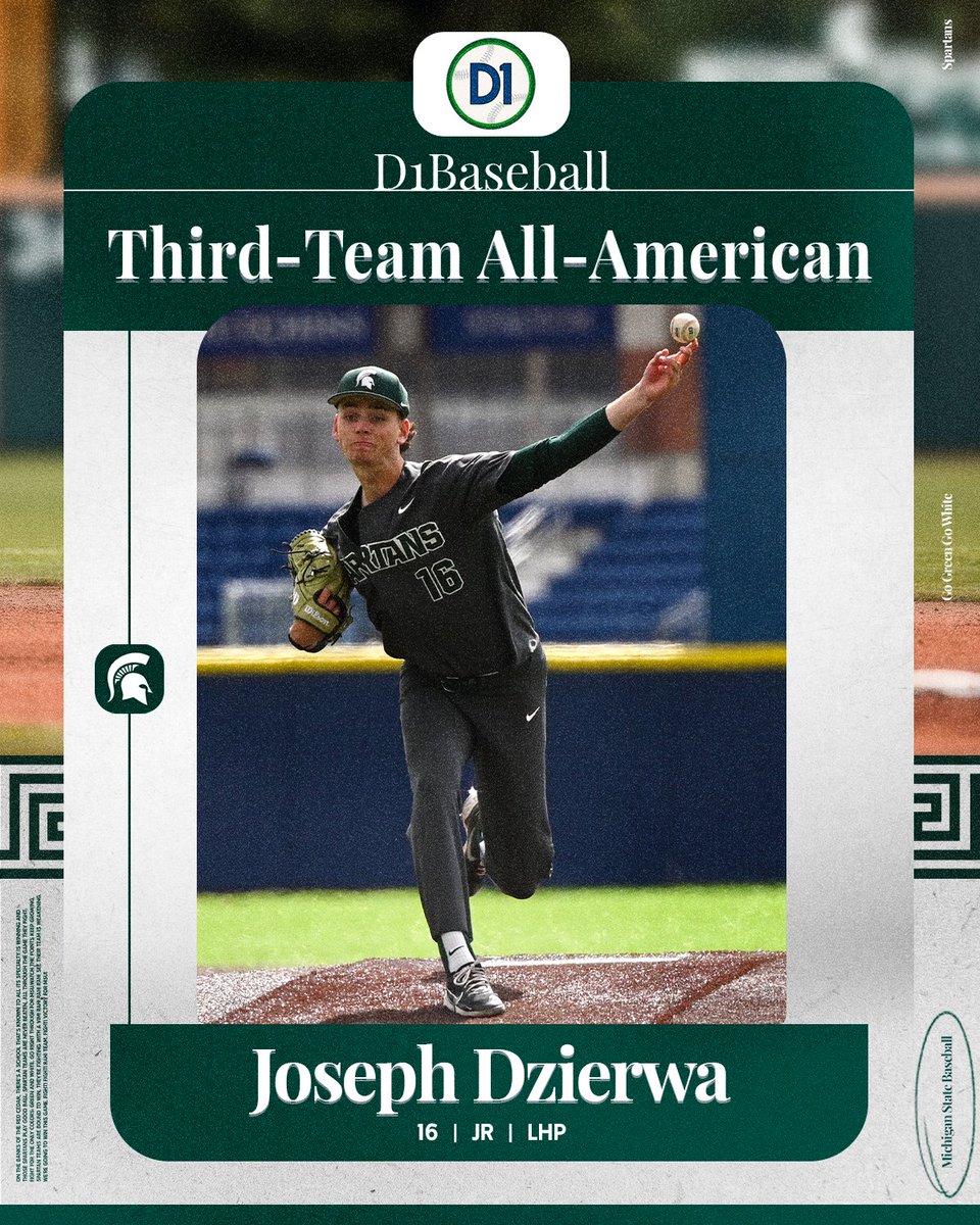 Michigan State Baseball (@msubaseball) on Twitter photo Score four for Dzierwa!!π
βΎοΈ
Joseph Dzierwa picks up his fourth All-American accolade with today's announcement of <a href="/d1baseball/">D1Baseball</a>'s All-American lists!!
Read more:
π°: sprtns.co/3Gnvi1U
#GoGreen | <a href="/DzierwaJoseph/">Joseph Dzierwa</a> Score four for Dzierwa!!π
βΎοΈ
Joseph Dzierwa picks up his fourth All-American accolade with today's announcement of <a href="/d1baseball/">D1Baseball</a>'s All-American lists!!
Read more:
π°: sprtns.co/3Gnvi1U
#GoGreen | <a href="/DzierwaJoseph/">Joseph Dzierwa</a>