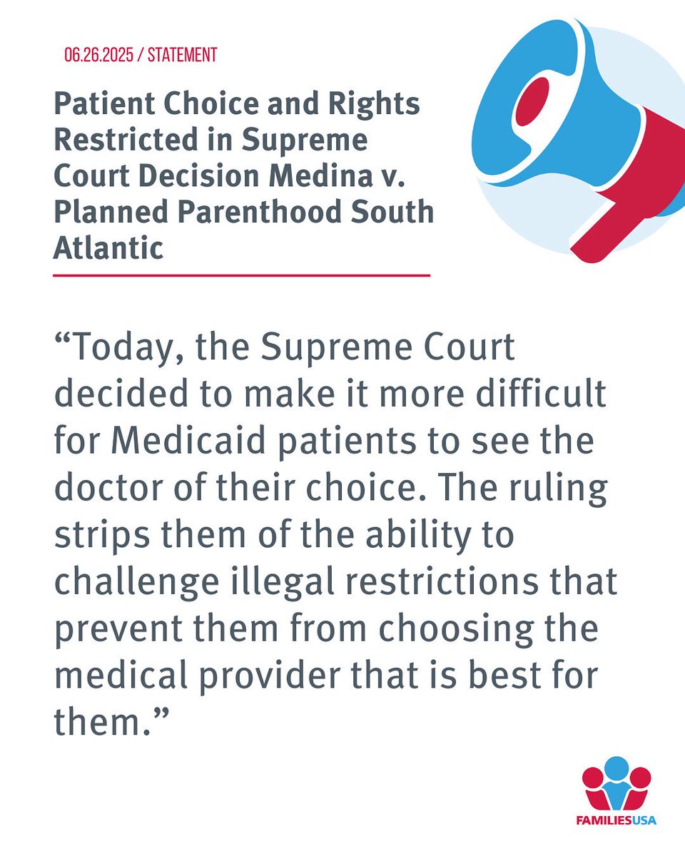 Today’s SCOTUS ruling in Medina v. Planned Parenthood will make it more difficult for people to access the health care that they need, allowing politicians and courts to insert themselves into personal health care decisions.