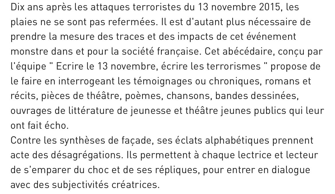 A paraître en octobre chez Hermann 

Abécédaire du 13 novembre. La terreur en toutes lettres - Catherine Brun (dir.)
