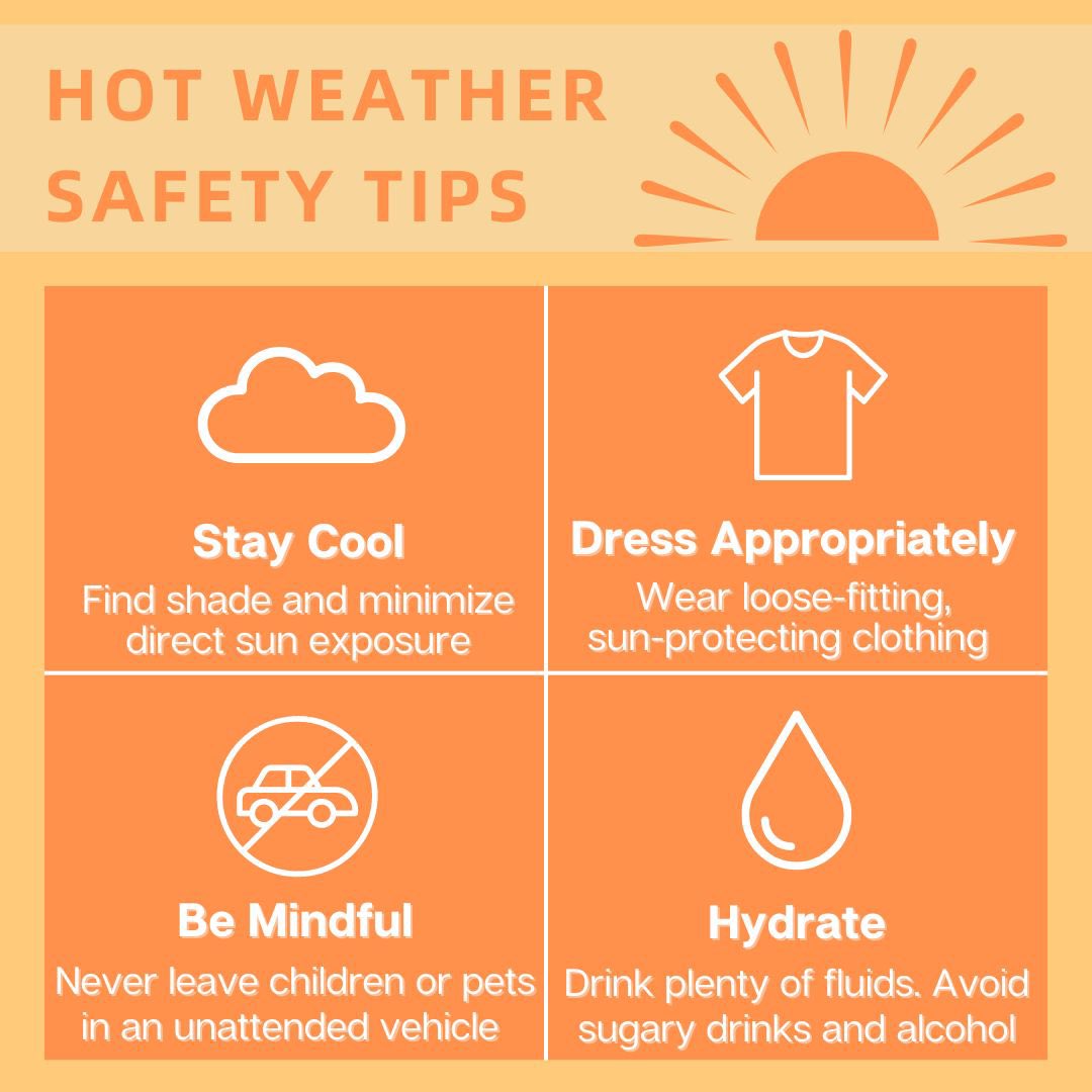 "🌡️🔥 Stay Cool and Hydrated! A heat advisory is in effect—make sure to drink plenty of water, limit outdoor activities, and check on vulnerable friends and family. Your safety matters! #HeatAdvisory #StaySafe"