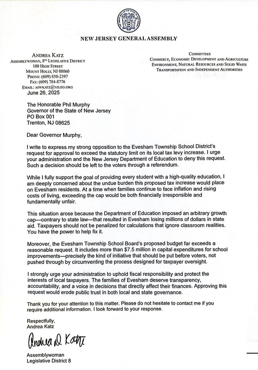 AswAndreaKatz's tweet image. Earlier today, I sent a letter to Gov. Murphy urging him and his administration to reject the full tax increase on Evesham. The $7.5 million for capital expenses should be decided by voter referendum, not pushed through by state bureaucrats.