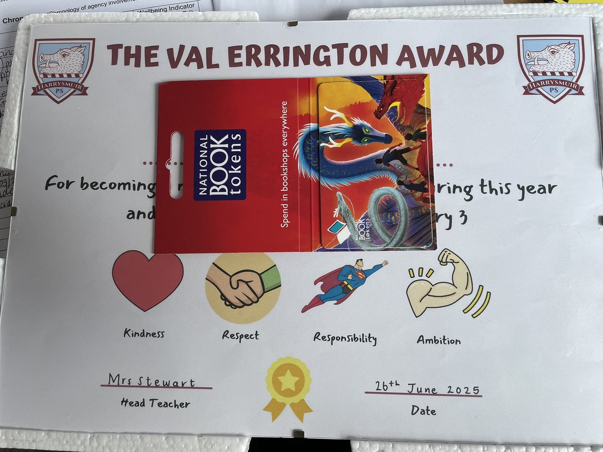 We presented our Val Errington awards today, 2 P7 pupils who have been Effective Contributors during their time at Harrysmuir &amp; 2 P3s who have become more Confident Individuals, we hope they enjoy their book tokens #Harrysmuirvalues #Harrysmuirreads 👏🏻🌟📚