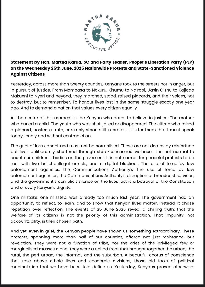 MarthaKarua's tweet photo. My unreserved condemnation of the state sponsored goons who infiltrated the otherwise peaceful protests, raped women, brutally assaulted citizens, looted businesses and orchestrated chaos. 

They and those backing them must be punished to the full extent of the law!

#June25th #UniteLiberate #RutoMustGo