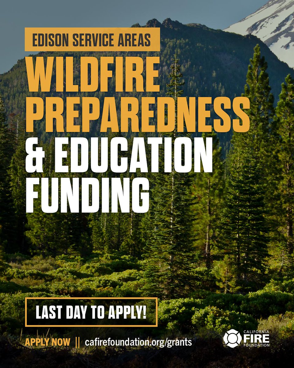 CAFireFound's tweet image. 🔥 Today is the last day to apply for grant funding available in Southern, Central, and Coastal California!
In partnership with @SCE, @CAFireFound is offering up to $15,000 in #wildfireprevention grants to support community safety initiatives.
📅 Apply today:…