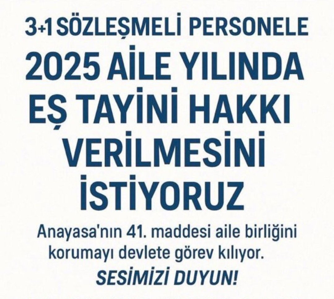 #AkPrtiSözlesmeliyeEsTayini
 Eşimle aynı şehirde çalışmak lüks olmamalı, hak olmalı! Aile birliği sadece kâğıt üstünde kalmamalı.
<a href="/Kamu_Sen/">Türkiye Kamu-Sen</a>
<a href="/MemurSenKonf/">Memur-Sen</a>
<a href="/MahinurOzdemir/">Mahinur Özdemir Göktaş</a>
<a href="/isikhanvedat/">Prof. Dr. Vedat Işıkhan</a>
<a href="/yilmaztunc/">Yılmaz TUNÇ</a>
<a href="/adalet_bakanlik/">T.C. Adalet Bakanlığı</a>
<a href="/tcailesosyal/">T.C. Aile ve Sosyal Hizmetler Bakanlığı</a>
<a href="/csgbakanligi/">T.C. Çalışma ve Sosyal Güvenlik Bakanlığı</a>
<a href="/Akparti/">AK Parti</a>
<a href="/_aliyalcin_/">Ali YALÇIN</a>
<a href="/edipuzen/">Edip Üzen</a>