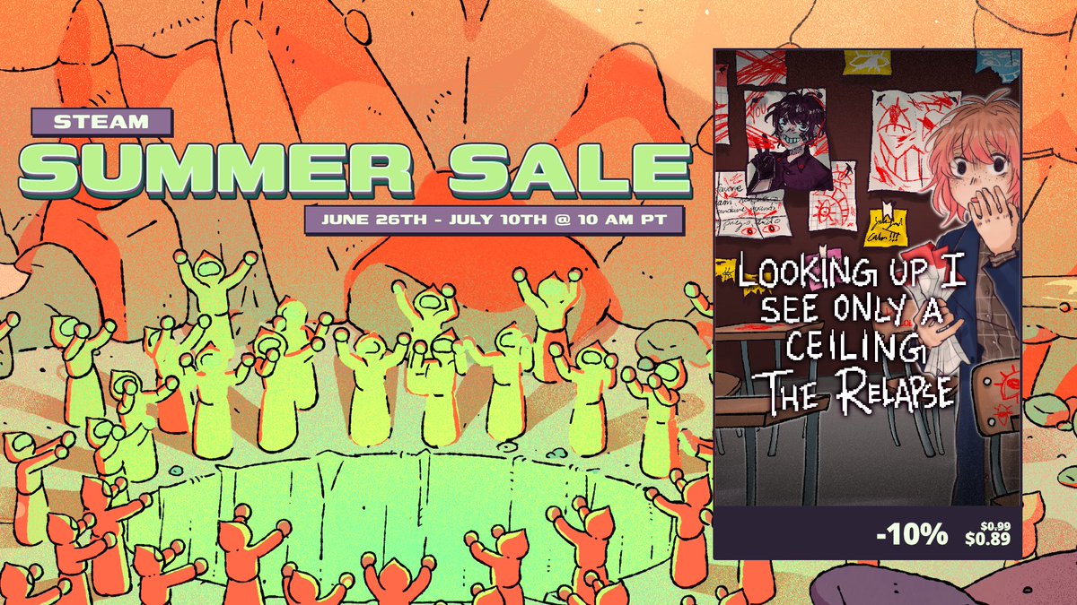 "Looking Up I See Only A Ceiling" is at 25% discount for the Steam Summer Sale 2025! 🏖️☀️

Its DLC "The Relapse" is also on sale with a 10% discount! 🥳

#gamedev #indiegame #indiedev #luisoac #SteamSummerSale