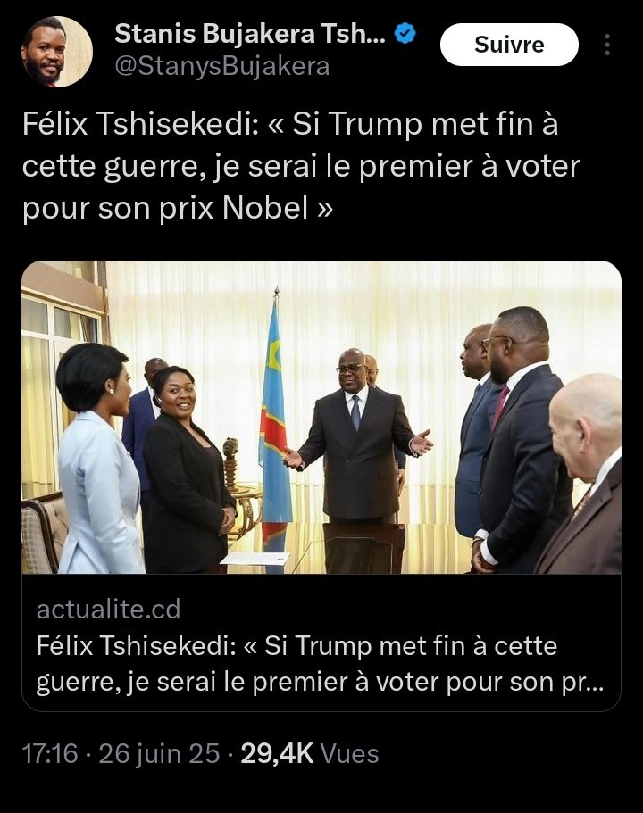 La RDC n'a jamais eu un Président aussi Idiot tel que Félix tshisekedi. Il est d'un record inégalable.

Même <a href="/PatrickMuyaya/">Patrick Muyaya</a> <a href="/RDCongoMAE/">Thérèse Kayikwamba Wagner</a> et tant d'autres des proches du pouvoir en savent et en parlent discrètement selon <a href="/marlonluzayamo_/">Anaelmarlon Luzayamo🇨🇩</a> dans une conversation avec <a href="/kakese_leon/">Leon KAKESE</a>