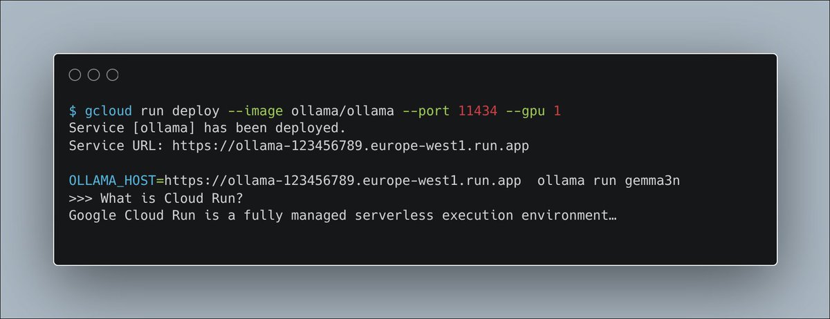 Serverless Gemma 3n with @Ollama and Cloud Run in two commands:

$ gcloud run deploy --image ollama/ollama --port 11434 --gpu 1 

$ OLLAMA_HOST=[...]  ollama run gemma3n