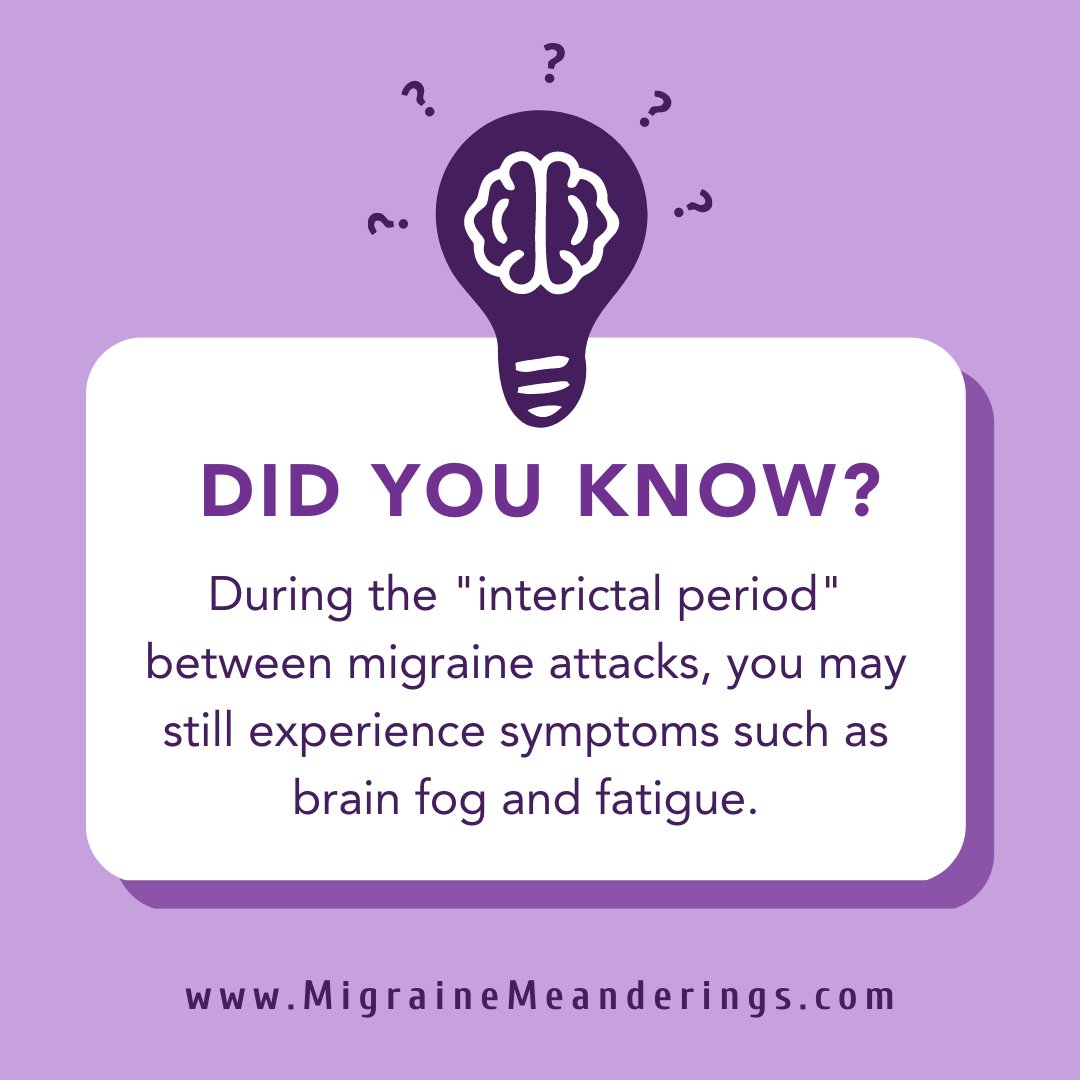 The period between #migraine attacks is not always symptom-free. It's common to experience brain fog, fatigue, &amp; sensitivity to light &amp; sound. Do you get these symptoms? Share below!

ow.ly/cbKU50Wh0yJ 

#MHAM2025 #MHAM #MigraineAwareness #MigraineLife #ChronicMigraine