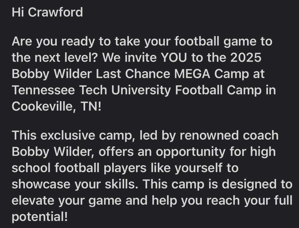 Thank you <a href="/TNTechFootball/">TTU Football</a> for the camp invite! Really appreciate the recognition! #AGTG ✝️
<a href="/CoachWilder353/">Bobby Wilder</a> <a href="/247Sports/">247Sports</a> <a href="/MaxPreps/">MaxPreps</a>