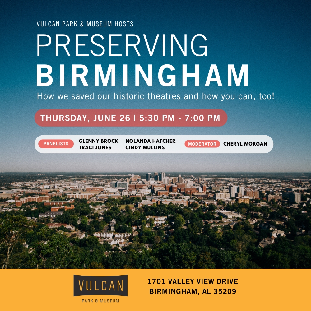 🎭Did you know Birmingham’s iconic theatres were nearly lost forever? Thanks to passionate people, they were saved! Join us TONIGHT @ 5:30 PM to hear how it happened! Enjoy light bites + cash bar! 

Tickets→ visitvulcan.com/event/preservi…

#VisitVulcan