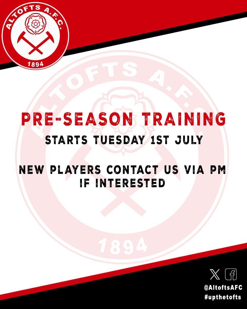 Pre-season Training 

Starts Tuesday 1st July 

New players please contact us via PM if interested. 

#upthetofts ⚽️🔴⚫️