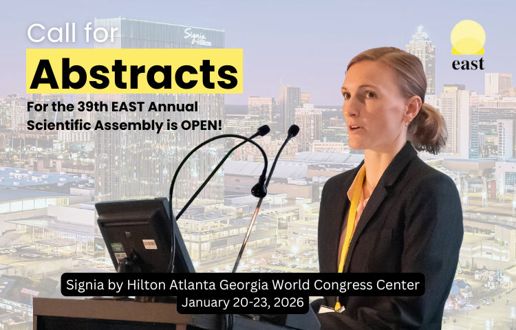 📣 Abstract submissions are OPEN for #EAST2026!

📅 Deadline: July 1, 2025, 11:59 PM PT
📍 Join us in Atlanta: Jan 20–23, 2026

Submit your research in Trauma, EGS, Burn, or Surgical Critical Care.
🔗 bit.ly/4kqRTcg

#BurnSurgery #AcuteCareSurgery #SurgicalCriticalCare