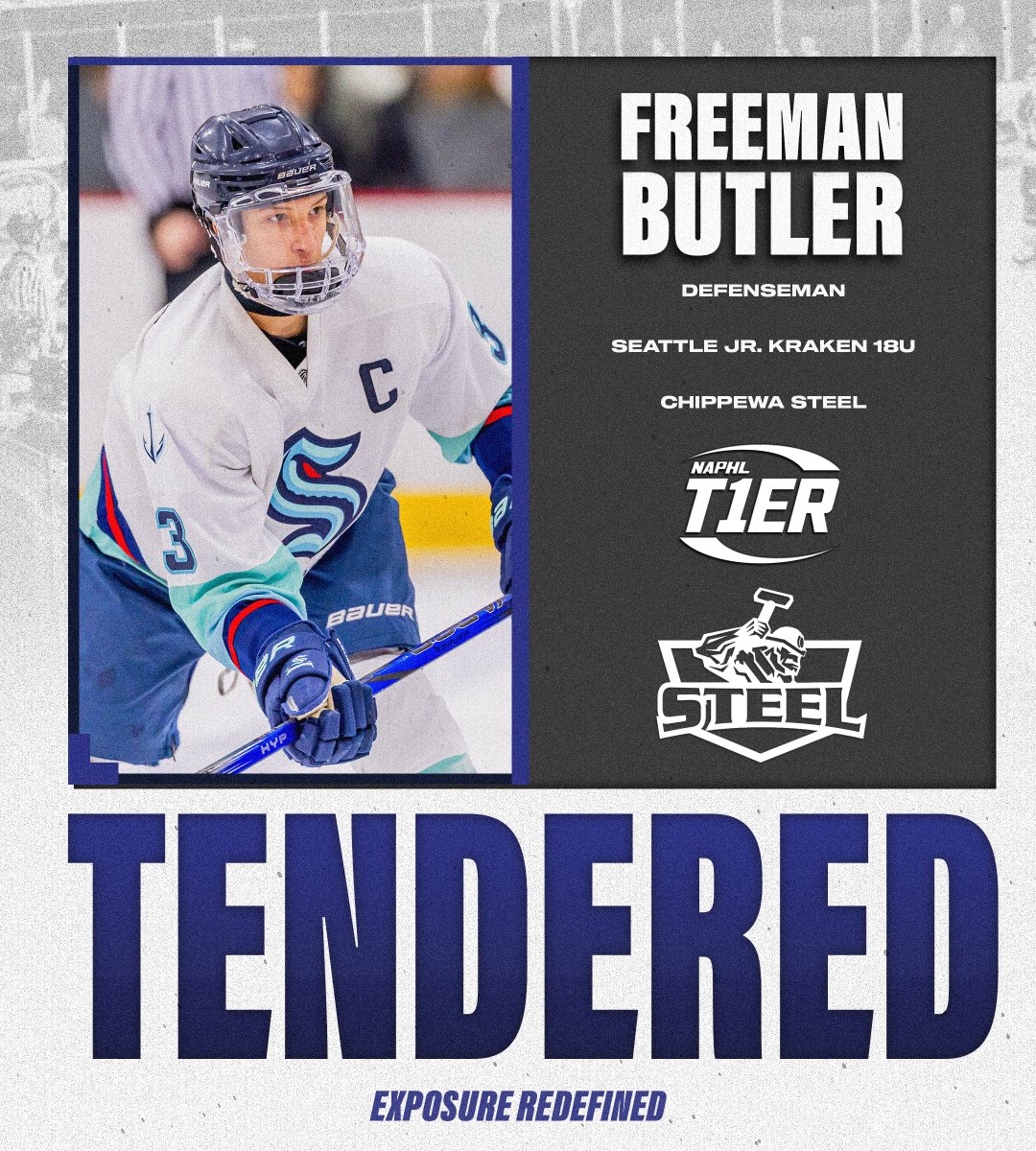 #NAPHL T1ER Advancement: Seattle Jr. Kraken 18U defenseman Freeman Butler has signed an <a href="/NAHLHockey/">NAHL</a> tender agreement with the <a href="/ChippewaSteel/">Chippewa Steel Hockey</a>. 

📰: nat1hl.com/news/story.cfm…
📸: Patrick Garriepy Photography