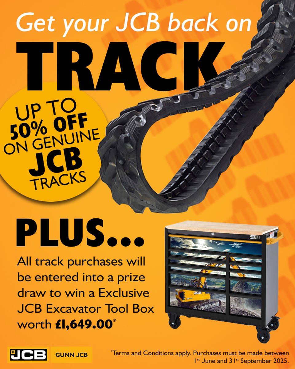 Looking to replace your tracks? 👷‍♂️
Save up to 50% on JCB Sitemaster Tracks – offer valid until 30.09.25!

PLUS, every purchase enters you into our prize draw to win an exclusive JCB Excavator Toolbox 🔧💛 

#JCBTools #TrackSale #ExclusiveGiveaway #Sitemaster