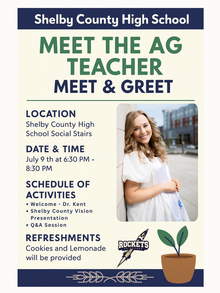 🚜 SAVE THE DATE!
Meet the SCHS Ag Teacher! 🌾
🗓 July 9 | ⏰ 6:30–8:30 PM
📍 SCHS Social Stairs
✔️ Welcome from Dr. Kent
✔️ Vision Presentation + Q&amp;A
🍪🍋 Cookies &amp; Lemonade provided!
#SCHSRockets #RocketsGoBeyond