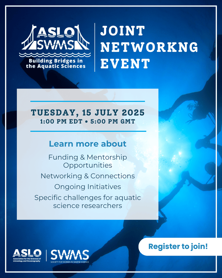aslo_org's tweet image. Join #ASLO and the Society for Women in Marine Science for a special joint networking event! Learn more about opportunities with the societies while building connections in #aquaticscience. Open to all in the community of all career stages.
🗓️ Tue 15 July
⏰ 1 PM EDT / 5 PM GMT…