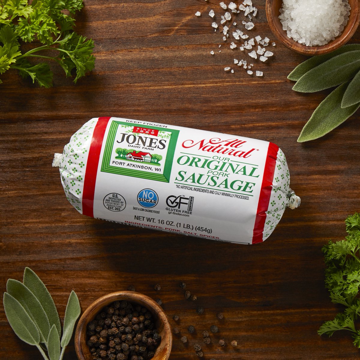 Our All Natural Sausage Roll has been made the same way for nearly 200 years. Just pork, salt and spices. That’s it! Made on our original land in Fort Atkinson, WI. You won’t find finely crafted sausage like this from anyone but Jones.