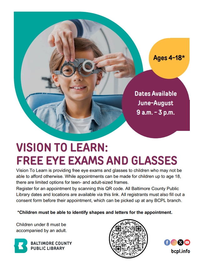 Baltimore County Public Schools (@baltcops) on Twitter photo đź‘“ Opportunities for free eye exams and glasses are available at <a href="/bcplinfo/">Baltimore County Public Library</a> this summer with <a href="/VisionToLearn/">Vision To Learn</a>!
➡️ vtlmd.intakeq.com/booking 👓 Opportunities for free eye exams and glasses are available at <a href="/bcplinfo/">Baltimore County Public Library</a> this summer with <a href="/VisionToLearn/">Vision To Learn</a>!
➡️ vtlmd.intakeq.com/booking