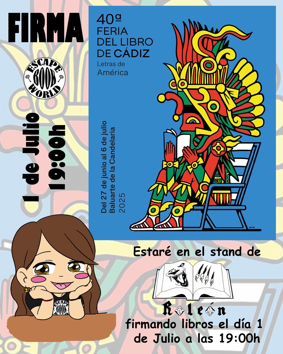 EscapeBookWorld's tweet photo. Os recuerdo que el lunes día 1 de julio estaré firmando en el stand de @Roleon_ES en la @FLCadiz 😘
#cadiz #feriadellibro #librojuegos #escapebook https://t.co/UUhAjozN55