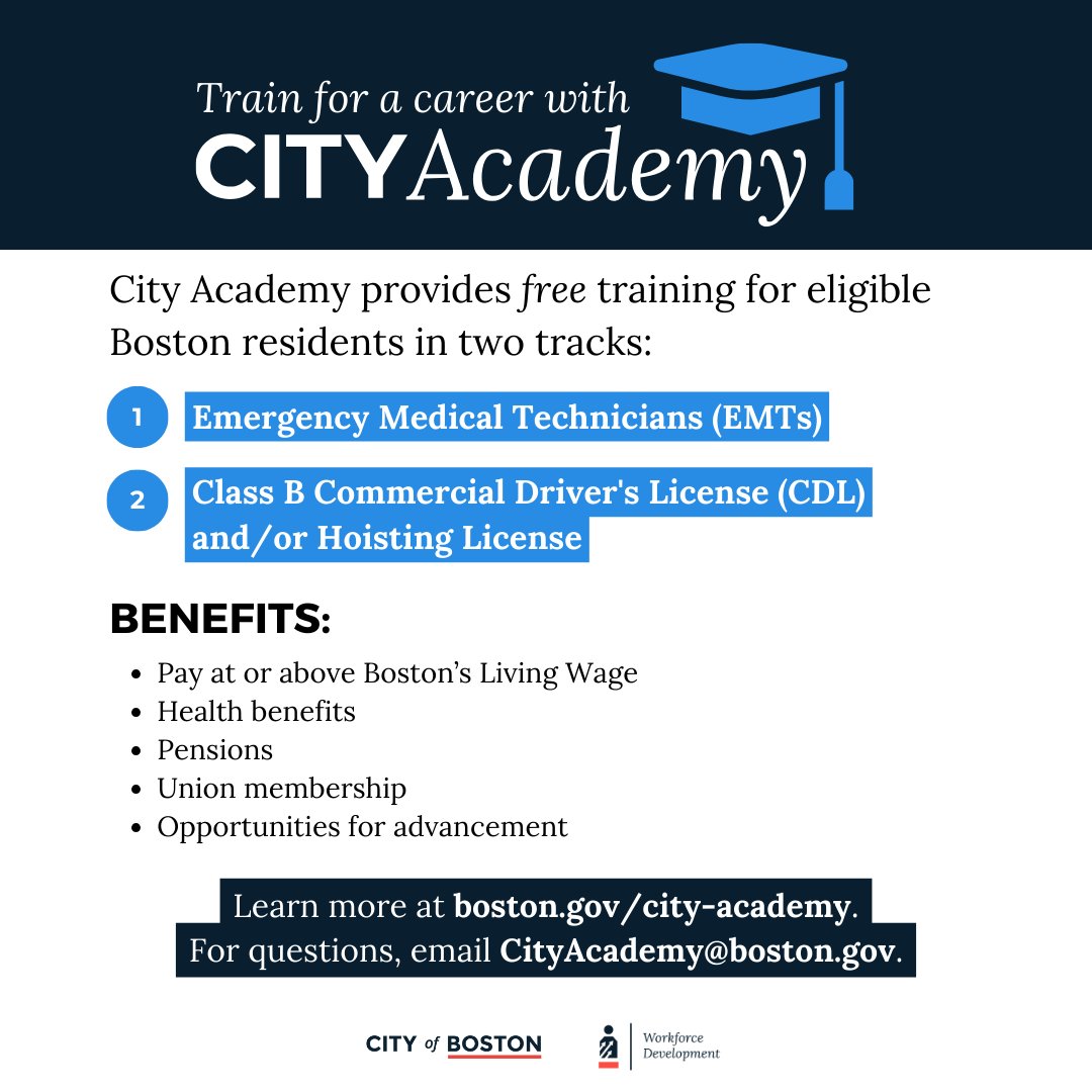 Now recruiting for City Academy’s August cohort!
Boston residents can get free training for careers as EMTs or for jobs requiring a CDL and/or Hoisting License. These City jobs offer great pay, benefits, and union membership.
Learn more: boston.gov/city-academy