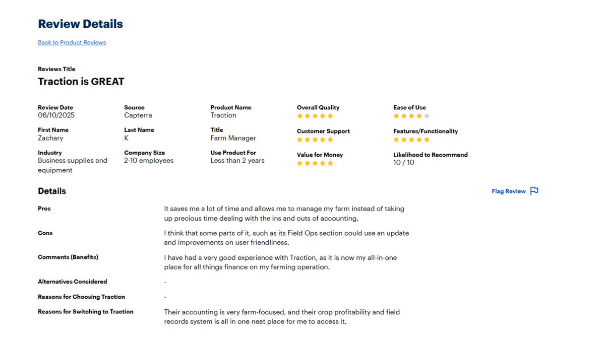 Traction_Ag's tweet image. This recent ⭐⭐⭐⭐⭐ Capterra review says it all: making the leap from generic bookkeeping tools to true farm accounting is a game-changer.
#KnowYourNumbers #DitchQuickBooks #BuiltForFarmers