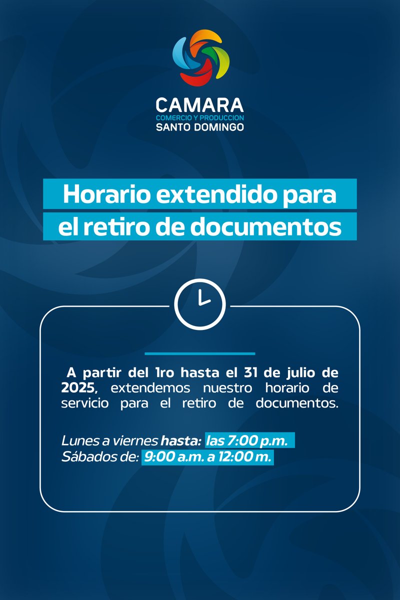 Trabajamos para ofrecerte un servicio cada vez más ágil, accesible y conveniente. Nuevo horario extendido para el retiro de documentos desde el 1ro hasta el 31 de julio.

#CámaraSD #RegistroMercantil #Horarios