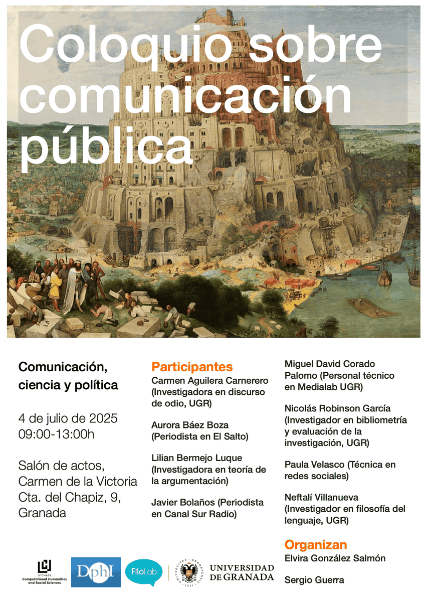 FiloLab_UGR's tweet image. 📣 Coloquio sobre comunicación pública
🗓️ 4 de julio | ⏰ 09:00–13:00
📍 Carmen de la Victoria (Granada)
Periodistas, investigadoras y especialistas debatirán sobre los cruces entre ciencia, comunicación y política.
Organizan: Elvira González Salmón y Sergio Guerra
