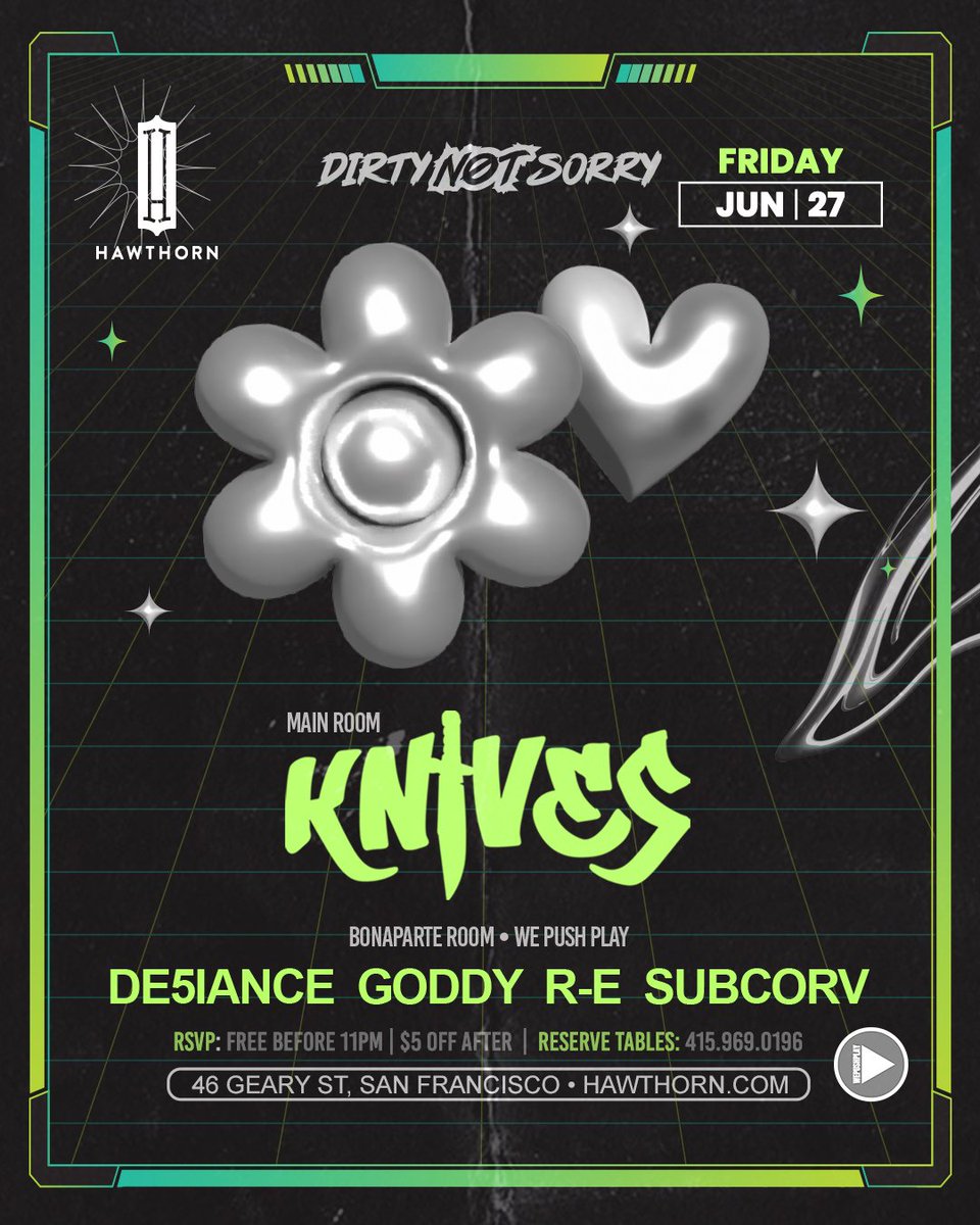 Choose your character tomorrow Fri. 6/27 <a href="/hawthornsf/">Hawthorn SF</a> 🌐

We Push Play DJs takeover the Bonaparte Room with a special birthday set from Goddy 🎂

Plus sets from De5iance + R-E + Subcorv 🎶

<a href="/dj_knives/">DJ Knives</a> smashes the Main Room 🔪🔪

Hop on the limited FREE Guestlist 🔗