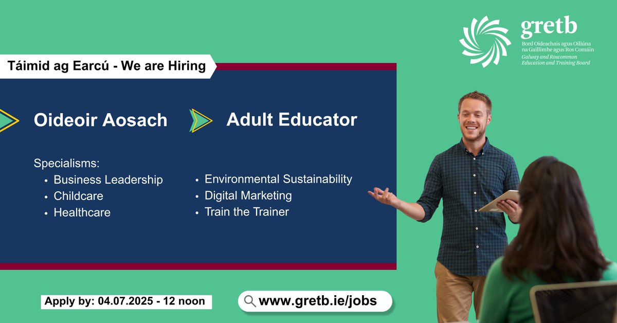 Táimid ag Earcú - Now Hiring! 

📌 Oideoir Aosach
📌 Adult Educator 

Déan iarratas chuig - Apply to: bit.ly/3TGrUCj 

#GRETB #WeAreGRETB #GalwayJobs