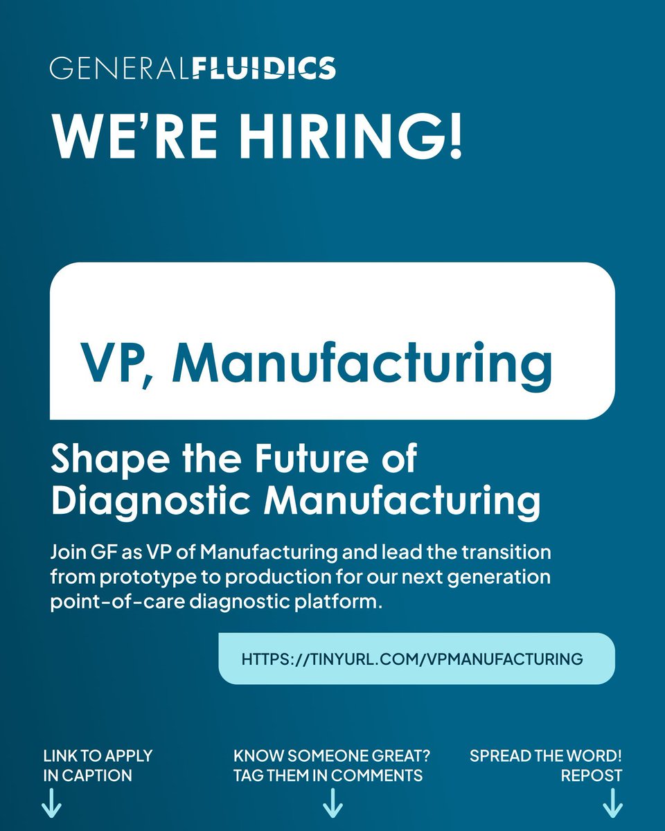 GeneralFluidics's tweet photo. 🔷 For full details and to apply https://t.co/IsohcRERoS
We’re hiring our first VP of Manufacturing! Reporting to the CEO, you will build and lead our manufacturing function from the ground up as we target a product launch. 
#GeneralFluidics #biotechjobs https://t.co/91a2UTsdvF