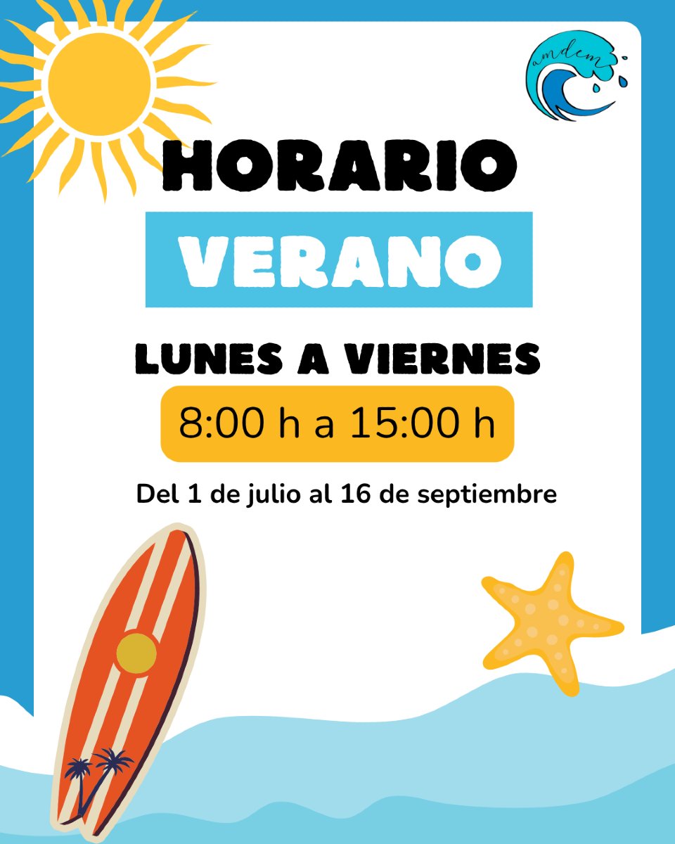 AMDEM_Murcia's tweet photo. 🌞 ¡Llega el verano y en AMDEM ajustamos nuestro horario!
📅 A partir del 1 de julio (próximo martes) y hasta el 16 de septiembre, nuestro horario será de:
🕗 8:00 a 15:00 h
✅ Si necesitas cambiar tu cita, ponte en contacto con nosotros al 968240411.
#AMDEM #EsclerosisMúltiple #Murcia