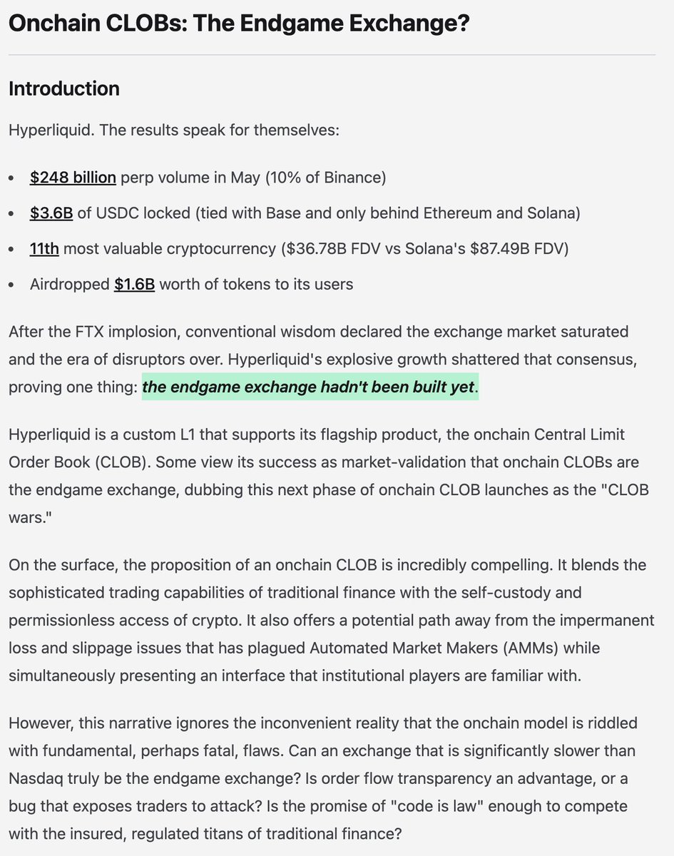 Onchain CLOBs: The Endgame Exchange?

I argue they have deep structural flaws in speed, privacy, and custody that create an opening for a different kind of winner