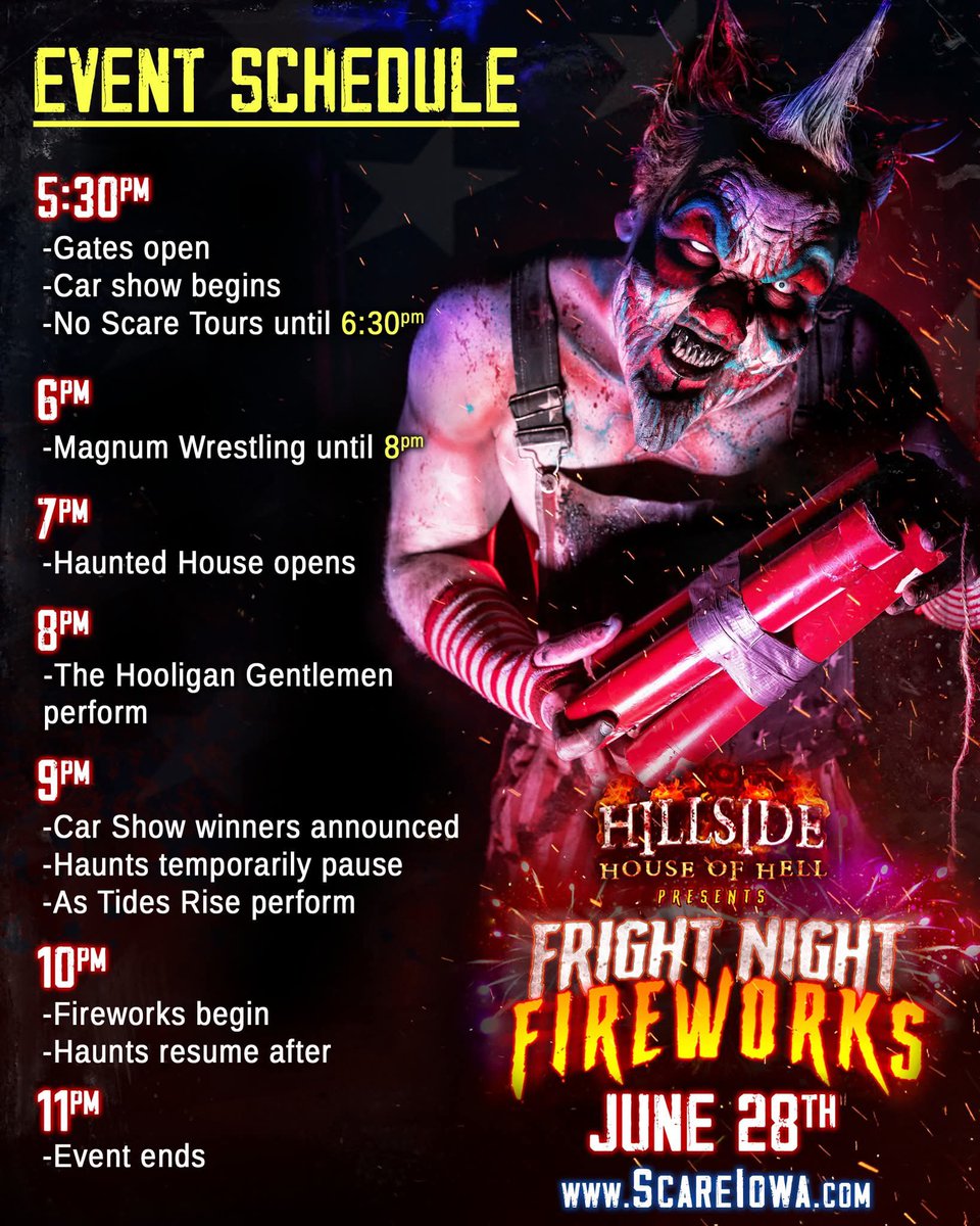 As we sift through the damage done at Hot Magnum Nights and shift gears to Road to Reckoning, we wanted to bring your attention to this weekend’s event schedule for Hillside House of Hell Fright Night Fireworks! 

Event begins at 5:30. Get your tickets at: getscared.fearticket.com