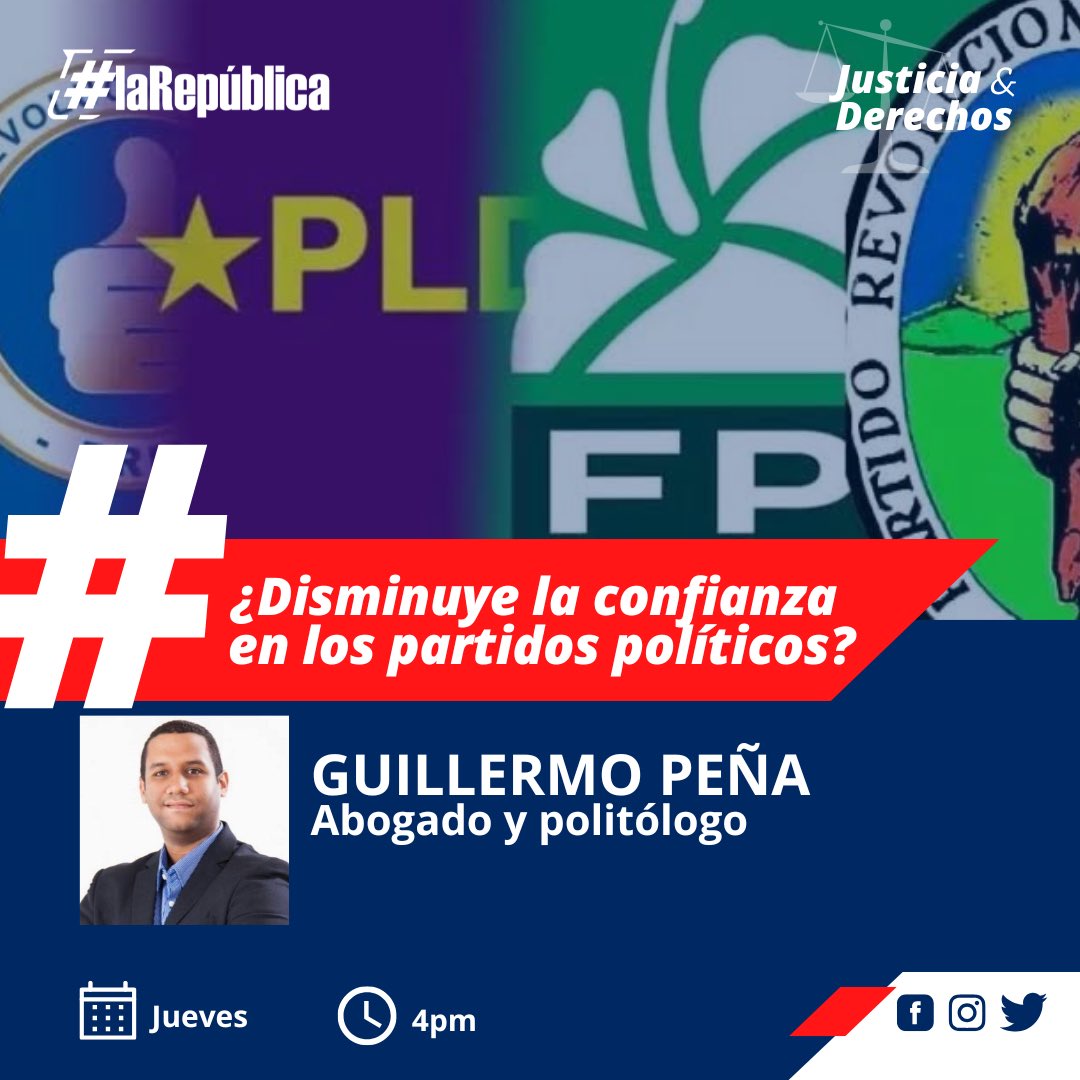 La República Radio (@larepradio) on Twitter photo HOY en #LaRepúblicaRadio hablamos de partidos políticos y confianza, en nuestro segmento #justiciayderechos con el abogado y politólogo Guillermo Peña.
A partir de las 4pm por La Nota 95.7fm 📻🎙️
<a href="/RDelgadilllo/">Ramieri Delgadillo Santana | Periodista</a> <a href="/BaezDerik/">Derik Báez Torres</a> <a href="/Guillermopca/">Guillermo Peña Capellán</a> HOY en #LaRepúblicaRadio hablamos de partidos políticos y confianza, en nuestro segmento #justiciayderechos con el abogado y politólogo Guillermo Peña.
A partir de las 4pm por La Nota 95.7fm 📻🎙️
<a href="/RDelgadilllo/">Ramieri Delgadillo Santana | Periodista</a> <a href="/BaezDerik/">Derik Báez Torres</a> <a href="/Guillermopca/">Guillermo Peña Capellán</a>