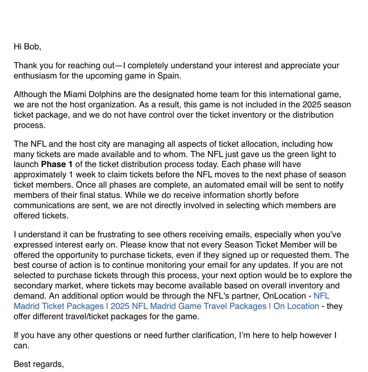The initial invite to purchase tickets to the international game by Dolfan season ticket holders went out today if you didn’t receive an email you weren’t selected as of yet and here is the reply. Doesn’t matter if you’ve had tickets for 100 years or if you go to every game Like