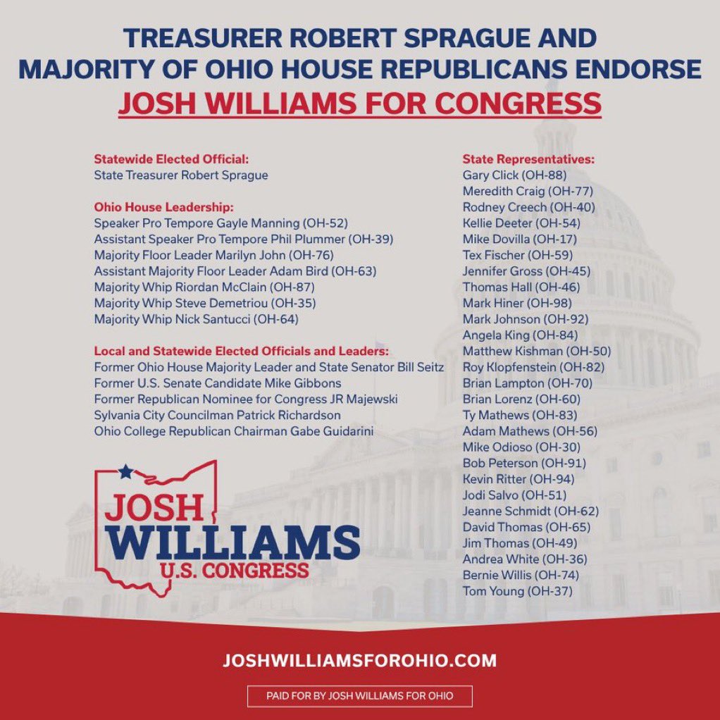 gopShawn's tweet image. Strong start to Josh Williams’ campaign to beat Marcy Kaptur in OH09! I expect this list is going to get a lot longer in a short time.